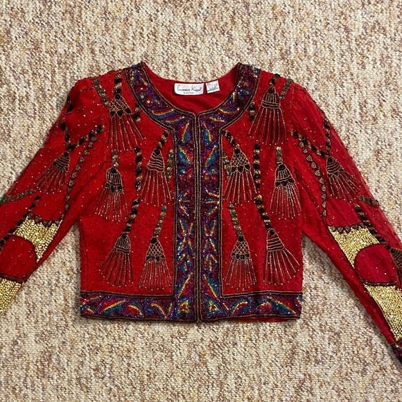 Vintage 80s Lawrence Kazar red beaded evening jacket - Picture 8 of 12